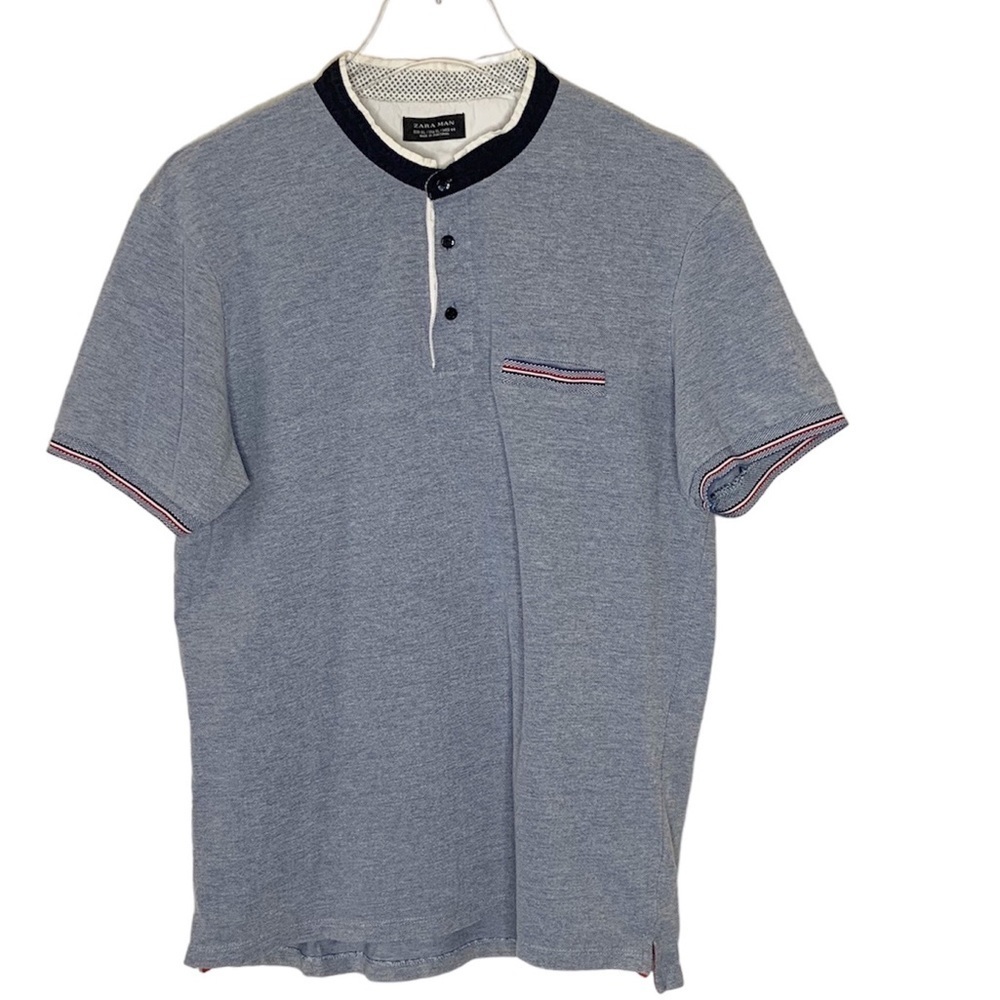 Zara Man Band Bishop Collar Polo Shirt Sz XL Blue Chest Pocket Button Up